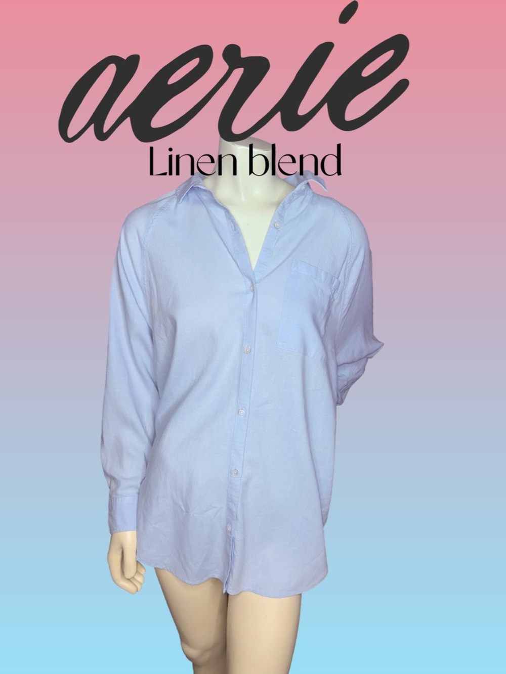 Aerie Light Blue Linen-Blend Oversized Button-Down Coverup Shirt